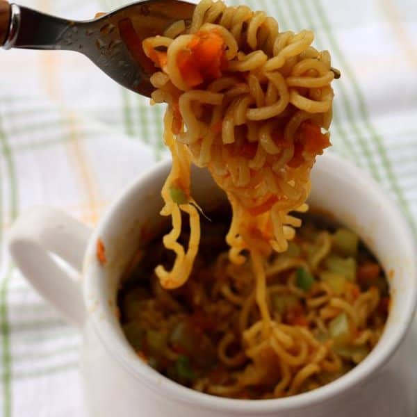 chow mein in a mug in the microwave