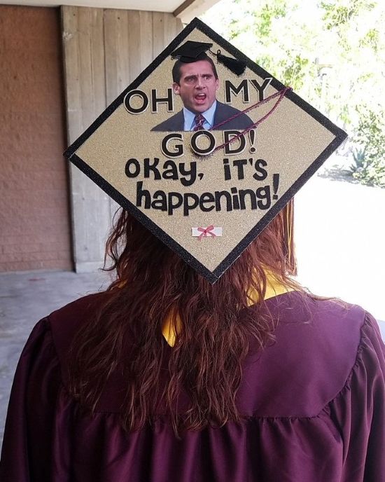 Graduation cap with Michael Scott and the words oh my god okay it's happening