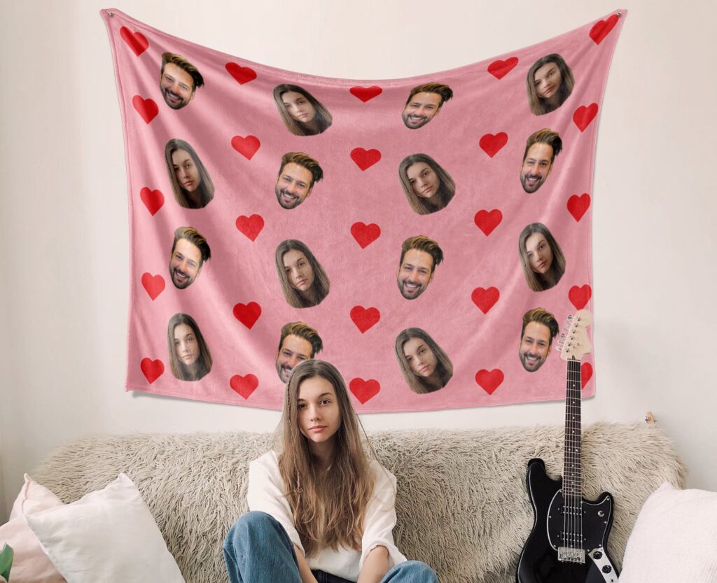 blanket with faces and hearts