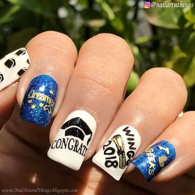 white and blue graduation nail ideas