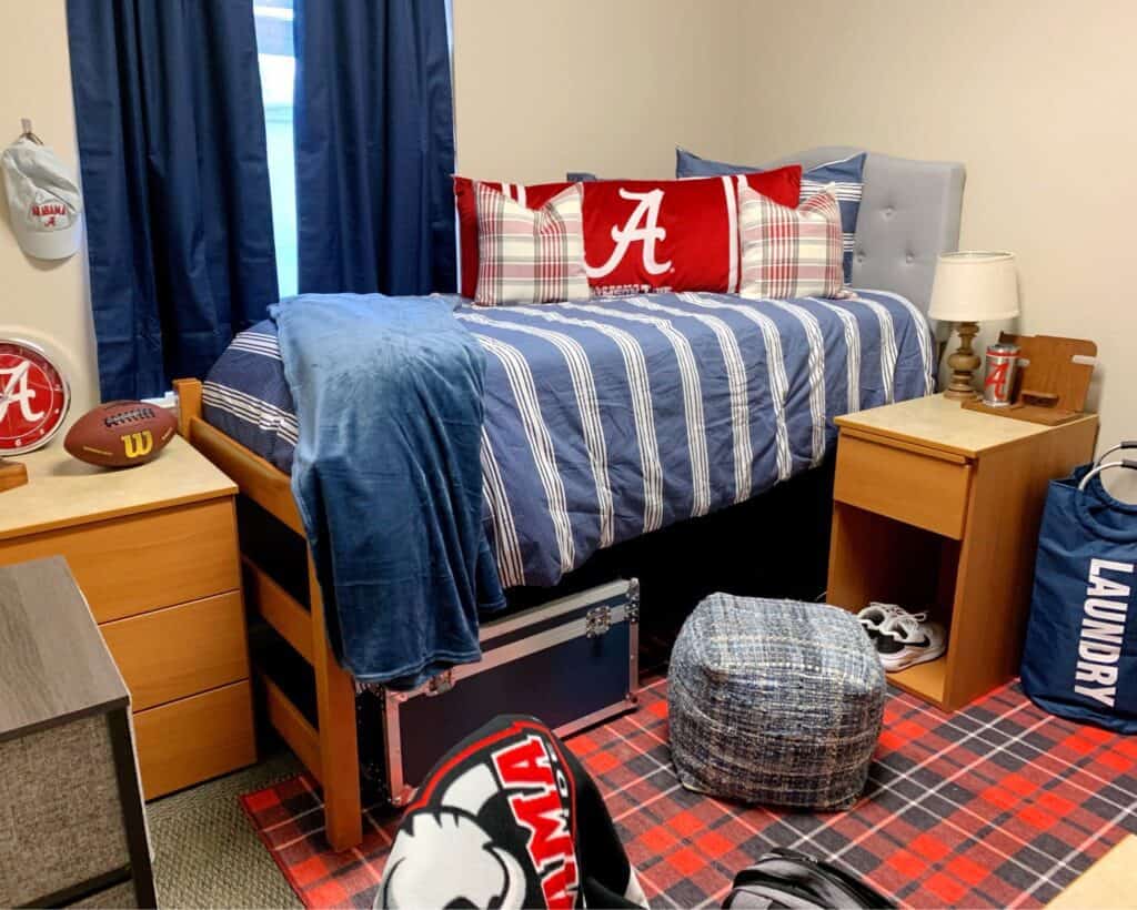 tufted dorm headboard in guys dorm room