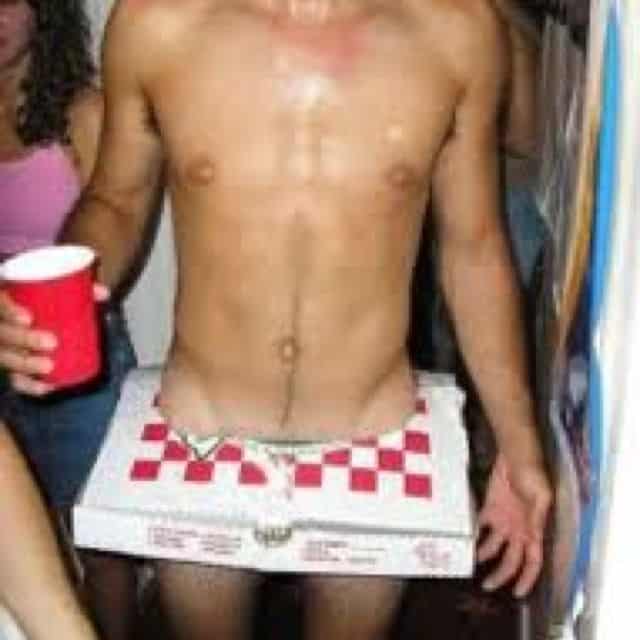 guy wearing nothing but a pizza box around his waist