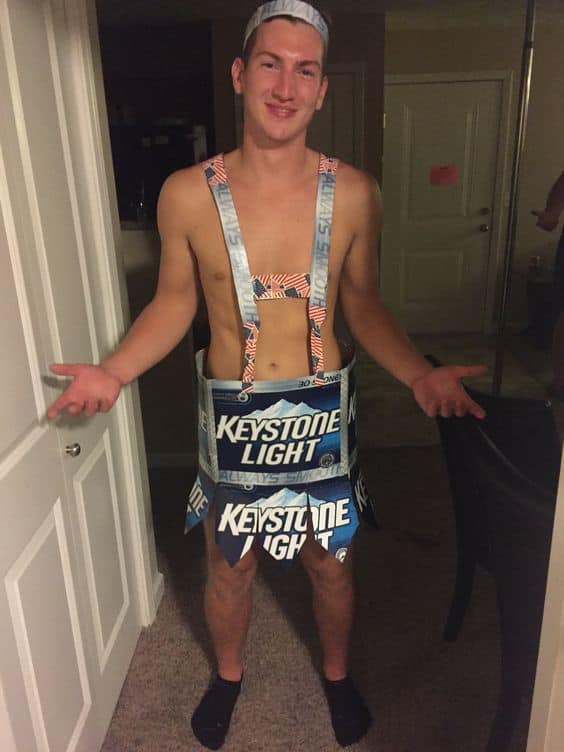 person wearing beer box suspenders outfit