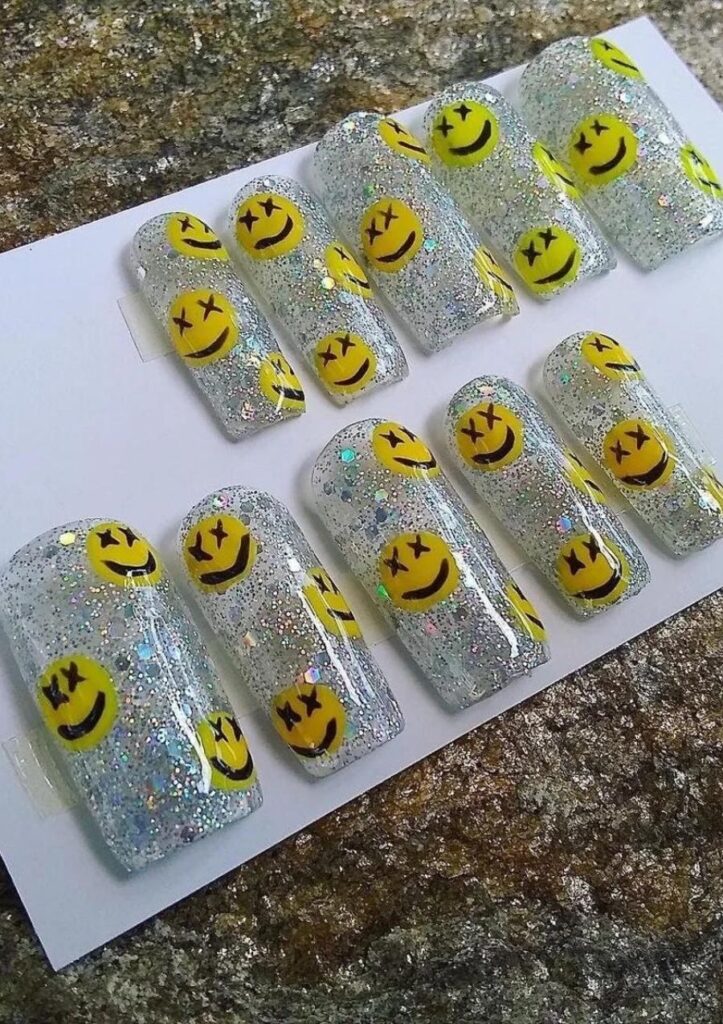 glittery smiley nails