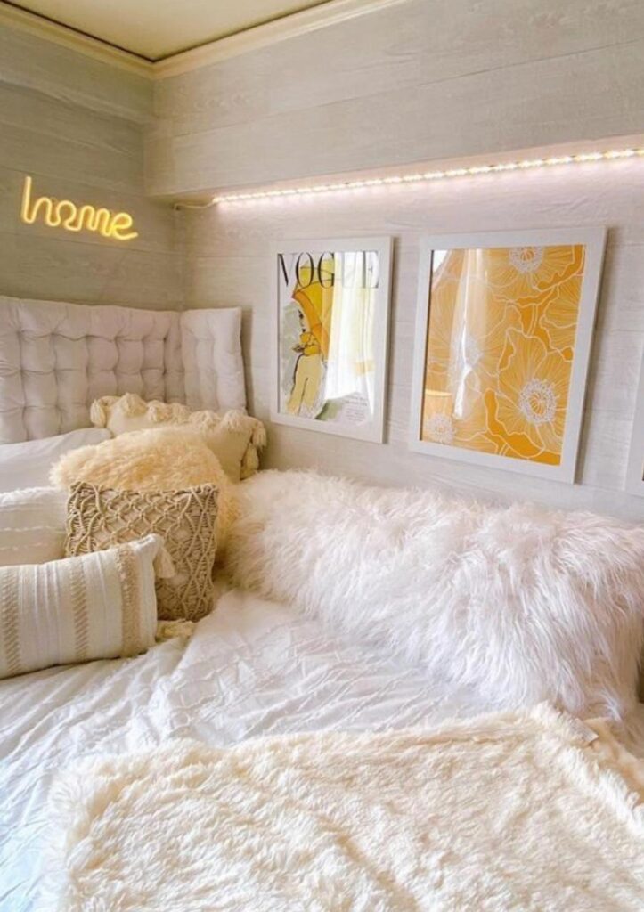 yellow and white dorm room