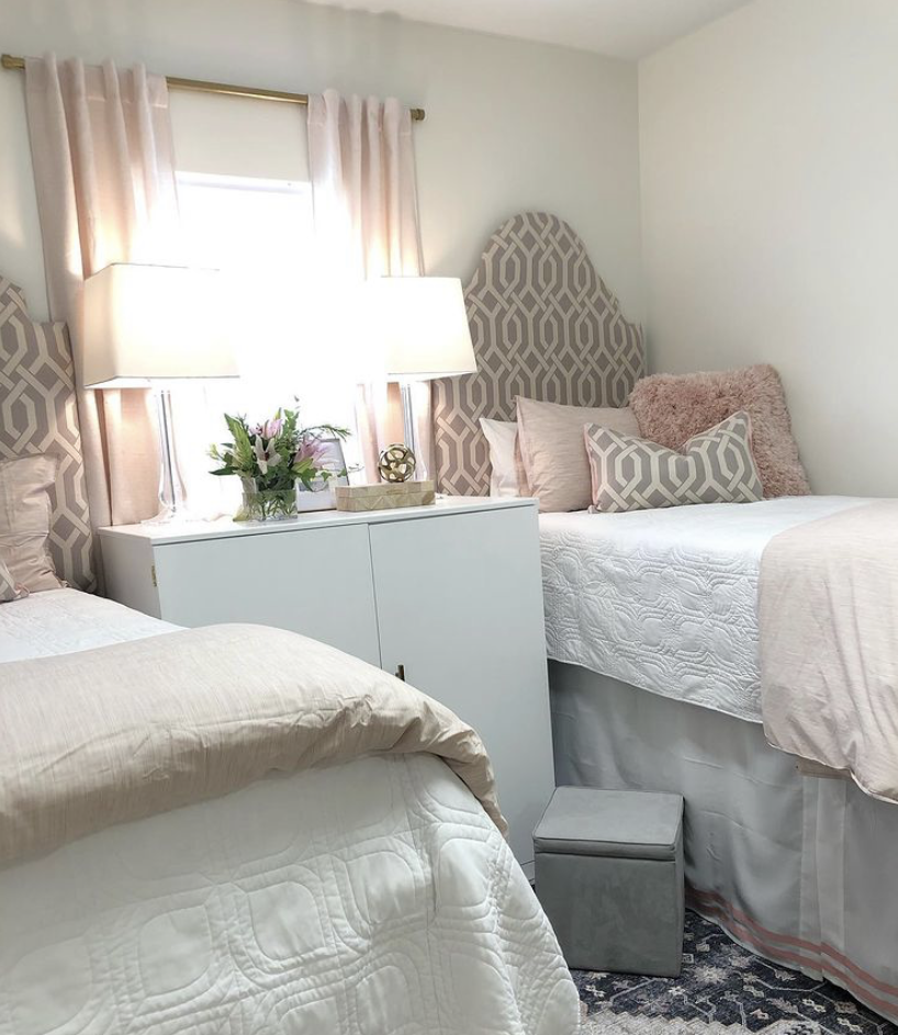 preppy patterned headboard in dorm room