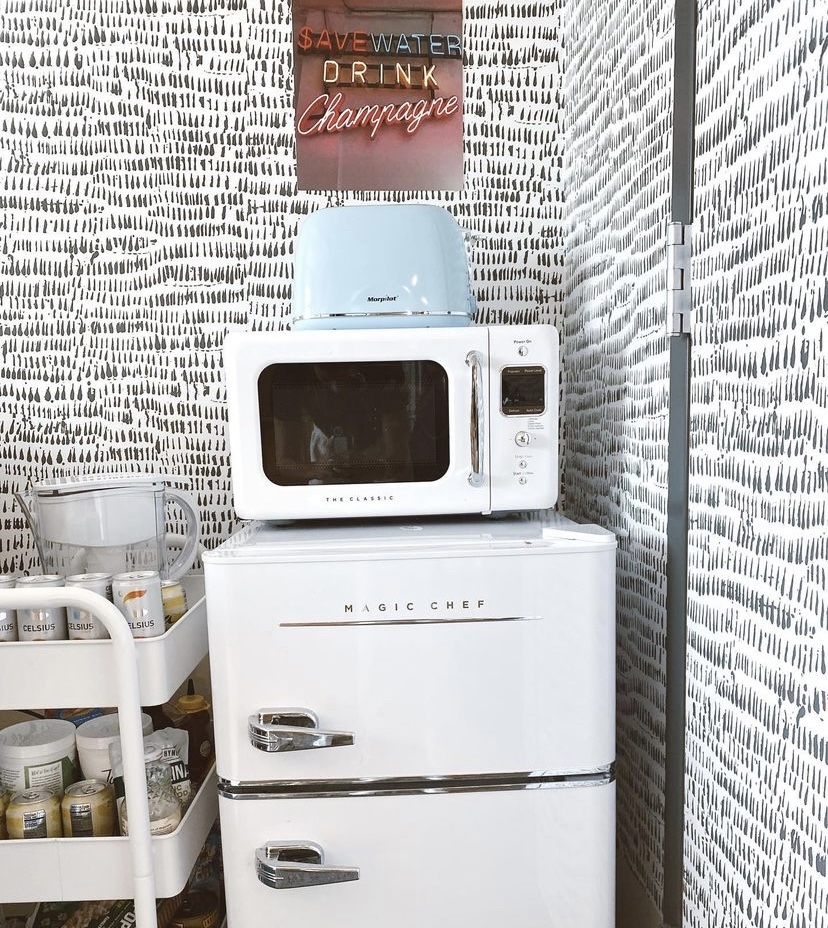 trendy dorm room with retro kitchen appliances