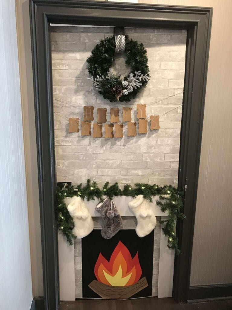 dorm door decorated for Christmas