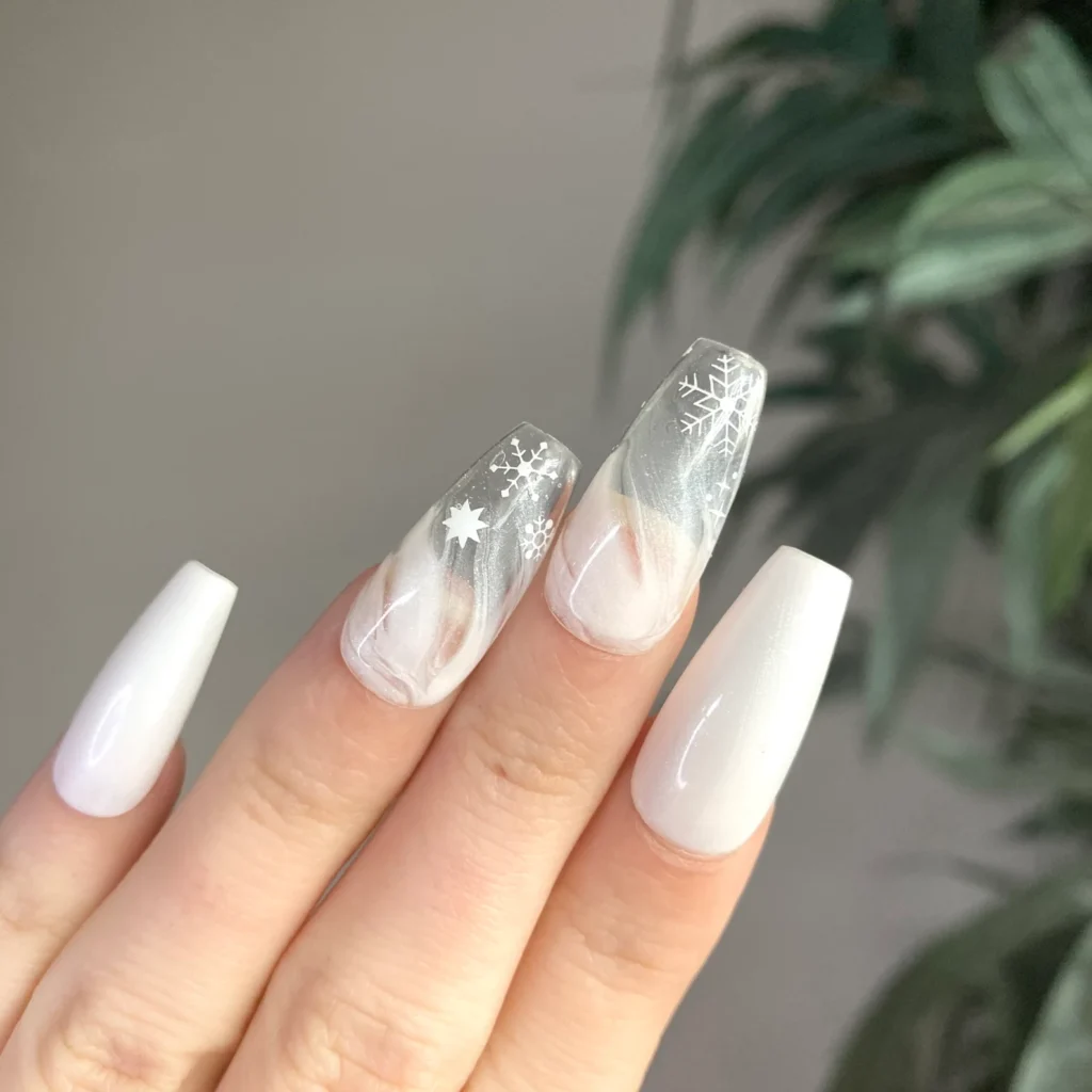 white nails with frosted design