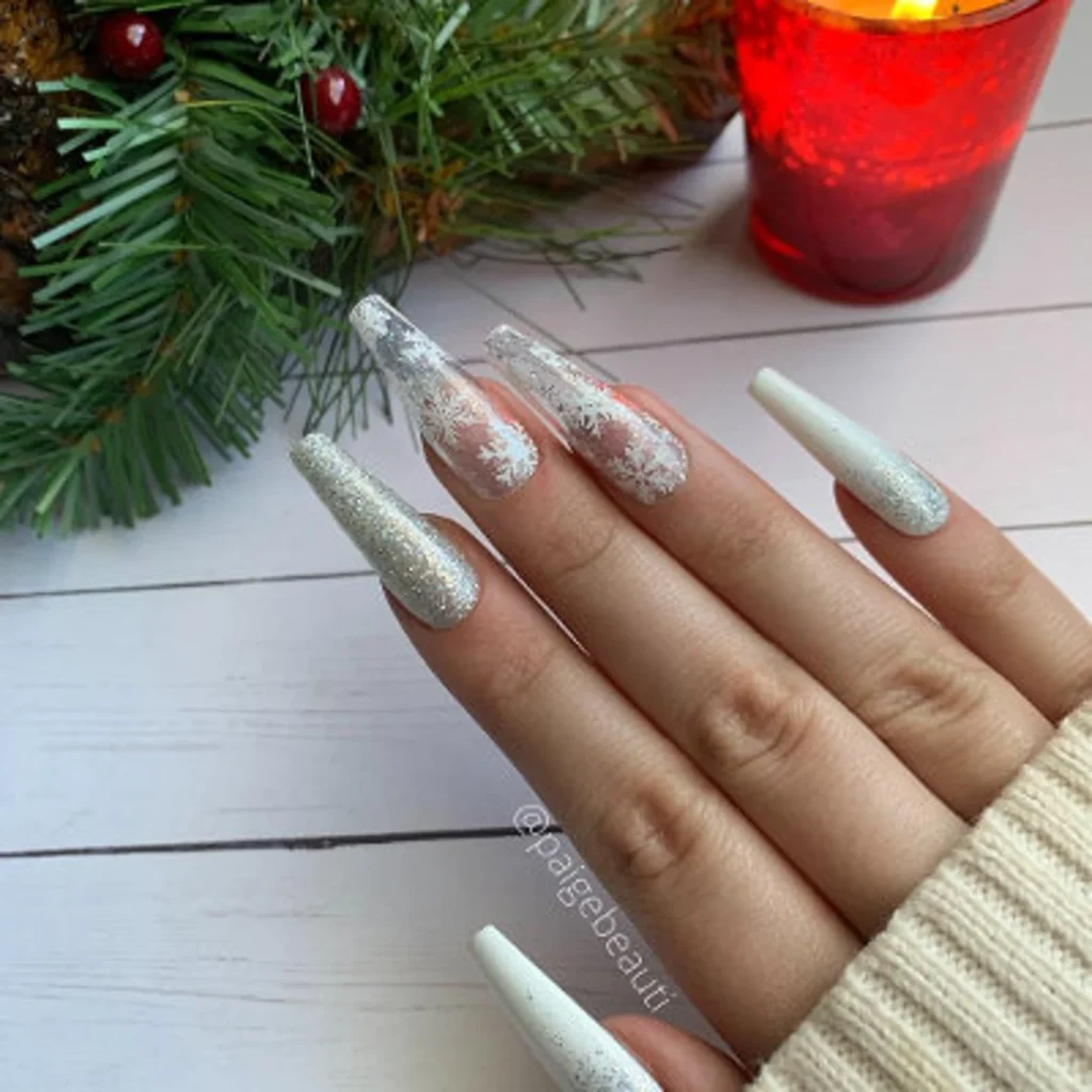 white and silver snowflake nails