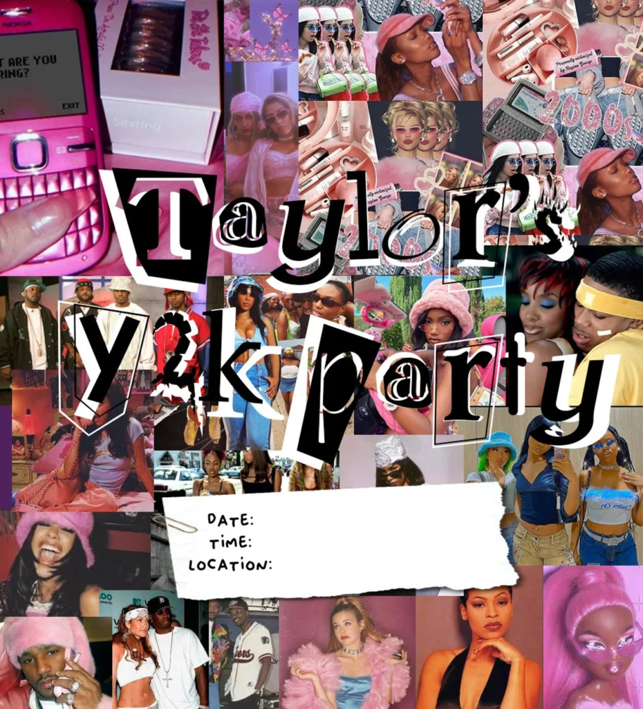 A vibrant collage serves as an invitation to 'Taylor's Y2K Party', capturing the essence of early 2000s pop culture. The montage features iconic images like a pink flip phone, fashion trends, and notable figures from the era, all set against a nostalgic mixtape graphic background.