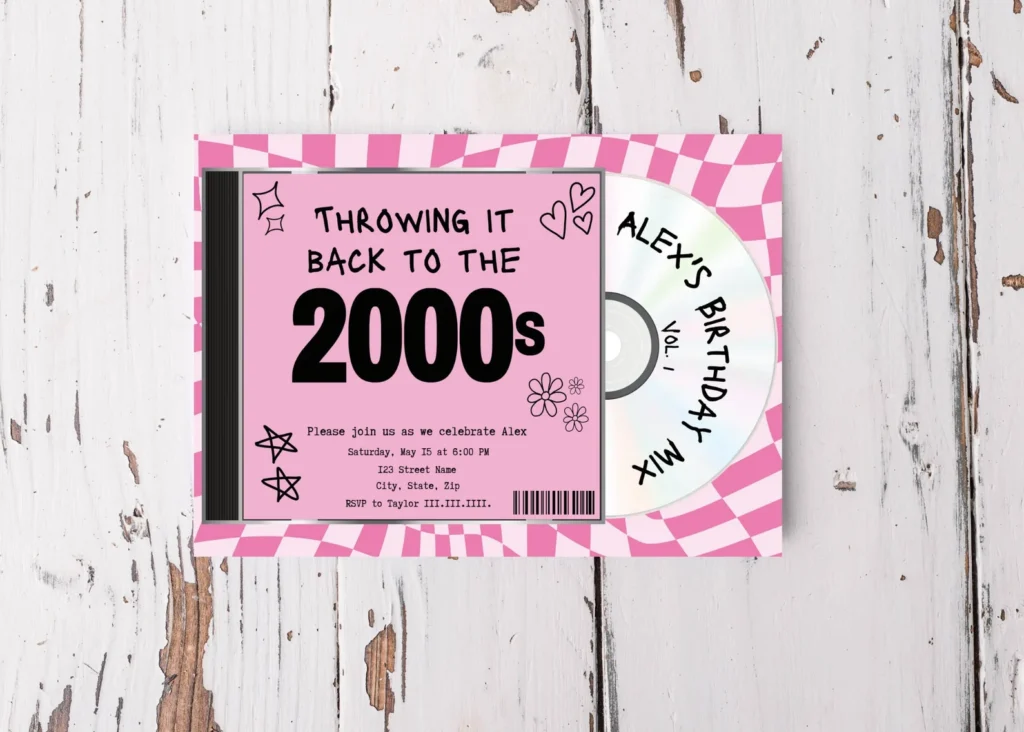 A nostalgic early-2000s themed birthday party invitation lies on a rustic white wooden surface. The invitation, with a pink and white checkered border and playful doodles, reads 'THROWING IT BACK TO THE 2000s' in bold lettering.