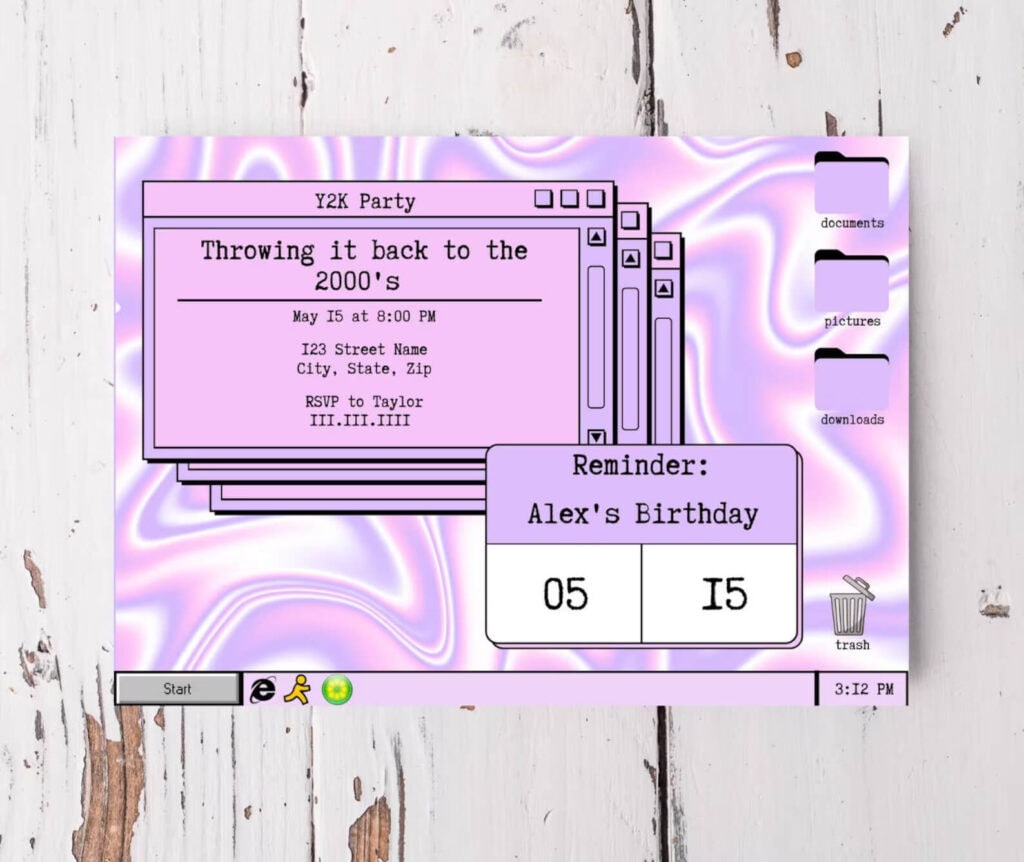 A creative party invitation designed to resemble a classic 2000s computer interface, with a chat box window titled 'Y2K Party' against a psychedelic purple background.