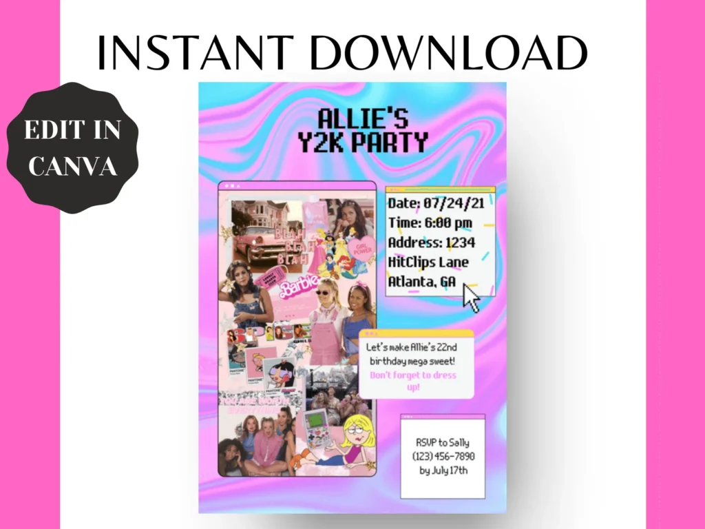 A vibrant early-2000s themed digital party invitation featuring a pink background on the left with the words 'INSTANT DOWNLOAD' and 'EDIT IN CANVA.' The right side displays a playful collage of iconic 2000s elements like a Barbie doll and a HitClips player, set against a pastel psychedelic swirl. Party details such as date, time, address, and RSVP instructions are neatly laid out in a bubble-themed text box, inviting guests to 'Allie's Y2K Party' and reminding them to dress up for the theme.