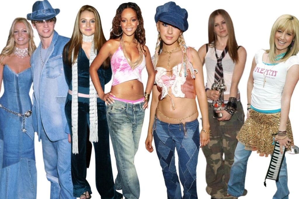 A collage of early 2000s fashion trends with celebrities wearing iconic outfits. Featuring denim-on-denim ensembles, tie-dye and low-rise jeans, cropped tops, and accessories like chunky belts, layered necklaces, and newsboy caps, showcasing the distinctive Y2K fashion era.