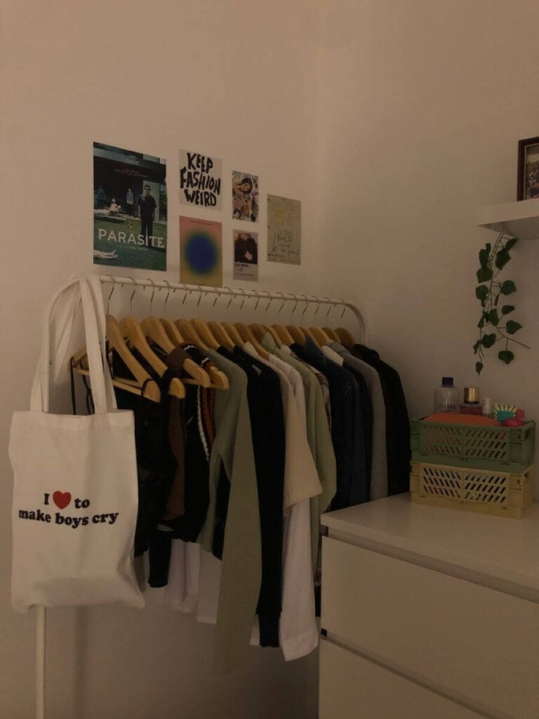 clothing rack in a single dorm