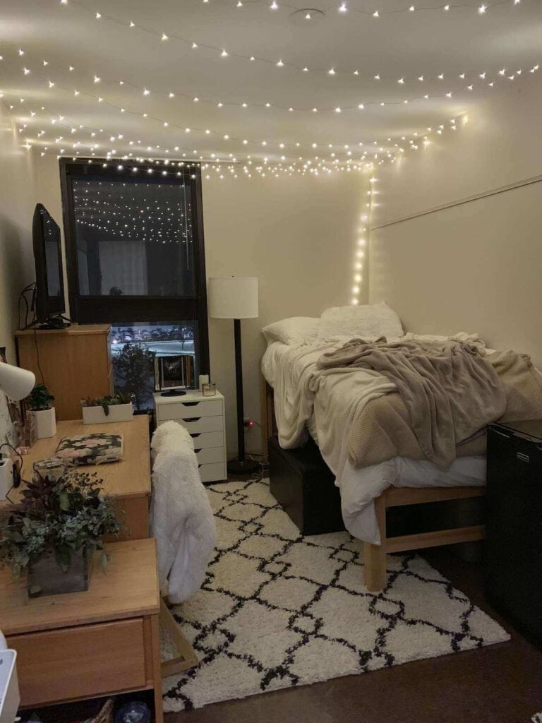 A single dorm room featuring a bed with beige bedding, a textured rug on the floor, and a wooden desk with plants. String lights are hung across the ceiling.