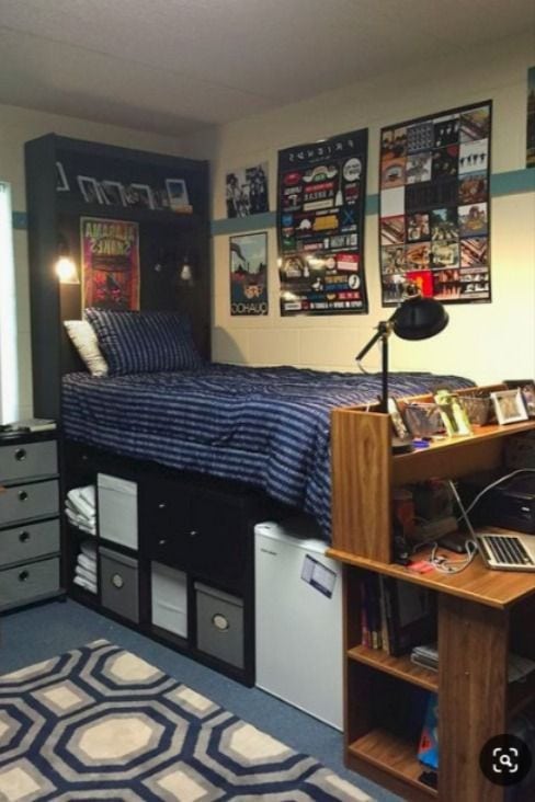 lofted dorm bed with shelves