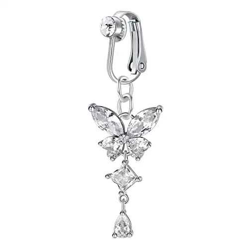 Silver Butterfly Clip On Belly Ring