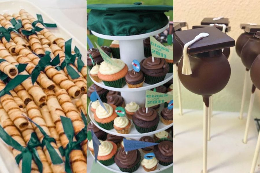 A collage of three graduation party desserts: wafer roll cookies tied with green ribbons, a variety of frosted cupcakes with graduation decorations, and chocolate cake pops designed as graduation caps with white tassels.