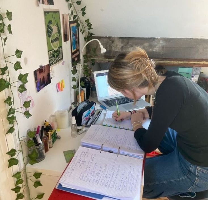 A student writing notes at a desk cluttered with study materials, a laptop, and personal items, with ivy and various posters decorating the surrounding white walls.