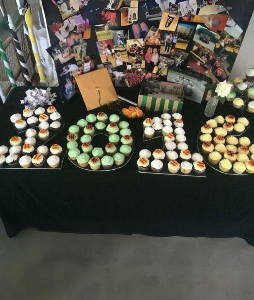 Graduation party dessert table with cupcakes arranged to spell '2019,' frosted in school colors, set against a backdrop of photo collages showcasing memories, with a graduation cap and diploma displayed amongst the photos.