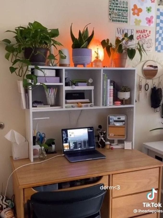 A well-organized dorm desk setup with a laptop open to a music playlist. The hutch above the desk is filled with potted plants, books, and decorative items. Wall art, including a 'Vogue' cover and colorful posters, creates a personalized and inviting workspace.